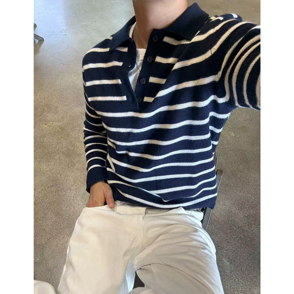 Fyredwrld Checked wool Henley Navy/white