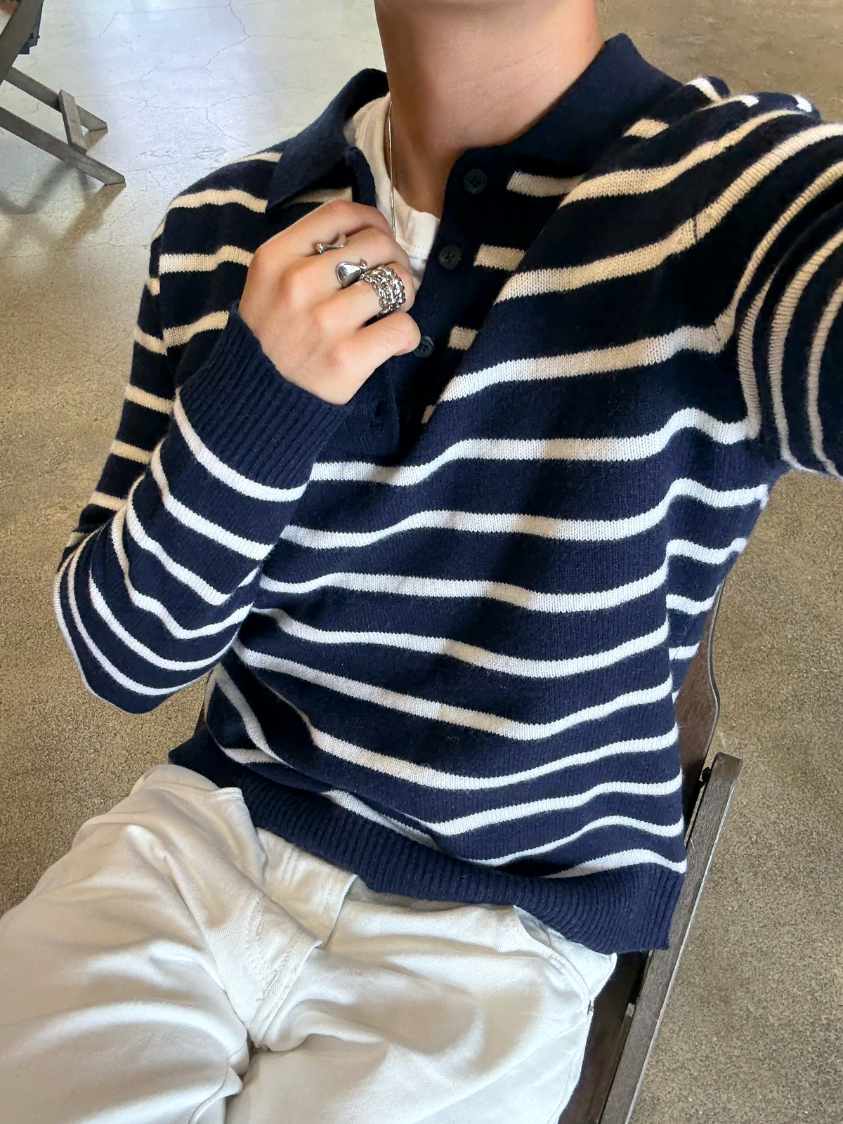 Fyredwrld Checked wool Henley Navy/white